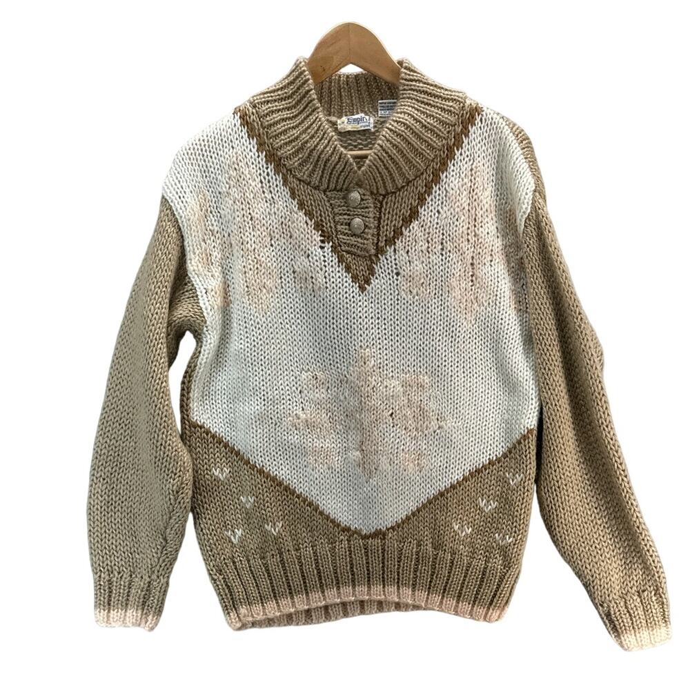 Empire Vintage Granny Knit Snowflake Winter Button Neck Sweater Women Medium